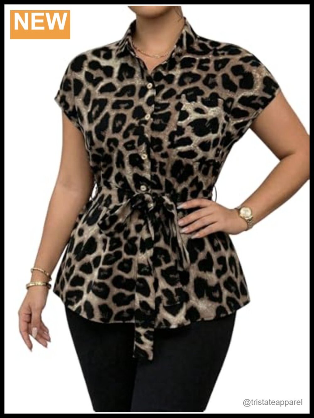 Women's Plus Size Leopard Print Button Down Blouse with Belt